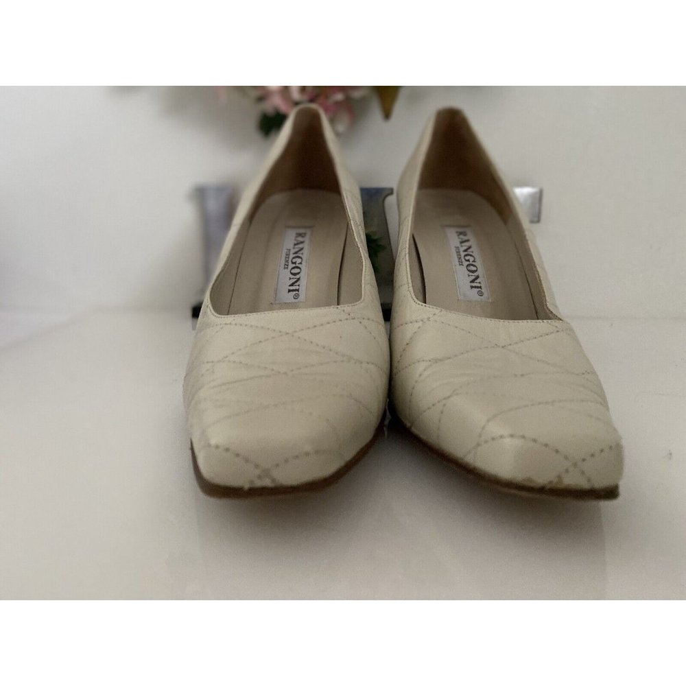 Rangoni Firenze Leather Block Heel Pumps 7B Off White Stitched Slip On Italy EUC - Picture 10 of 12